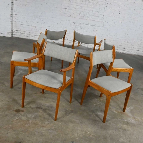 6 Vintage Scandinavian Modern Teak & Gray Fabric Dining Chairs 2 Arm 4 Side Cover