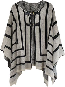 BEIGE & BLACK THICK KNIT PONCHO STYLE SHAWL WITH HOOD - Picture 1 of 10