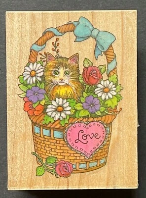 Gatito Gato Sorpresa Flor Llena Cesta de Regalo Nota de Amor Madera Sello de Goma Foto 1 de 2