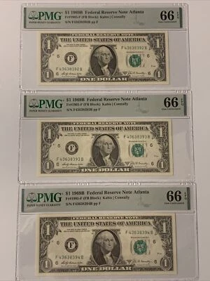 1969B-$1.00 (3) Sequential Federal Reserve Notes- FR1905F- FB Block- PMG- 66 EPQ - Image 1 of 2