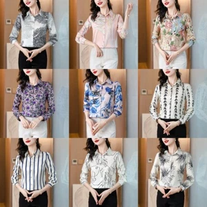 Spring Summer Fall Branch Print Collar Long Sleeve Women Casual Top Shirt Blouse - Picture 1 of 57