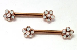 Nipple-PAIR-Daisy Flowers Opalite 6mm 14 Gauge 9/16" Rose Gold IP Barbells - Picture 1 of 4