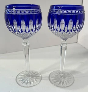 Vtg Pair of Waterford Crystal Clarendon Cobalt Cut to Clear Wine Hock Glasses - Bild 1 von 9
