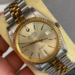Rare Bulova Super Seville Calender Quartz Two Tone Gold Dial Vintage Watch Men - Picture 1 of 8