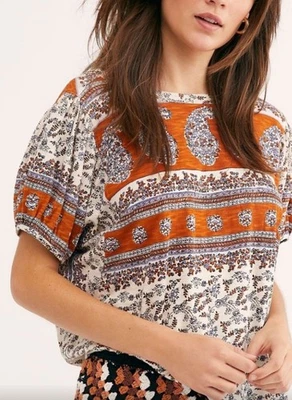 Blusa FREE PEOPLE Para Mujer Paisley Manga Abullonada Marfil Combo Talla Grande Bohemia Foto 1 de 4