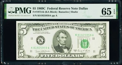 $5 1969C Federal Reserve Note Dallas PMG 65 EPQ Gem Uncirculated - Image 1 of 3