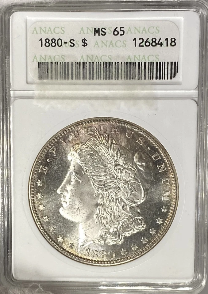 GEM BU 1880-S Morgan Silver Dollar ANACS MS65 PQ! Soap Box Holder SCFX - Image 1 of 3