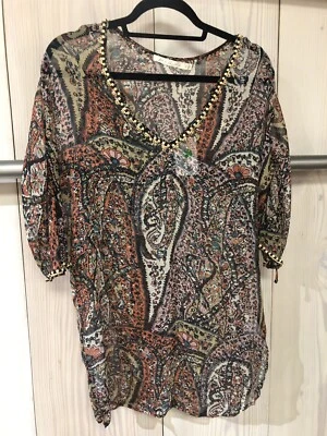 JOIE ala Plage BEACH Twilight Paisley Silk Cover Up Tunic Boho Beaded XS/S - Image 1 of 4