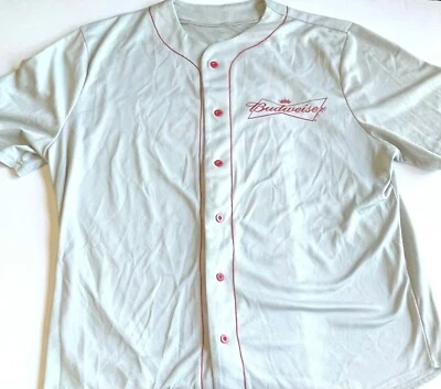 OFFICIAL VINTAGE BUDWEISER #76 BASEBALL / SOFTBALL GRAY & RED BUTTONED JERSEY XL Foto 1 de 4