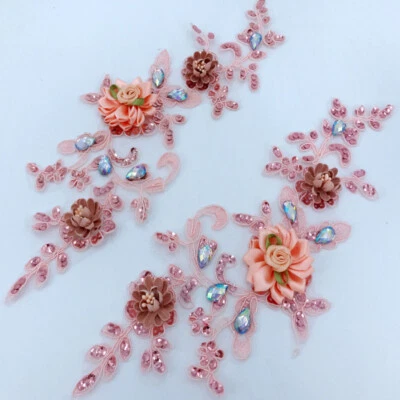 1 Pair of Floral Applique Patches Crystal Sequins Sewing for Dress Clothes Retro - Image 1 of 4