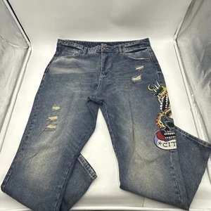 ED HARDY NEW YORK SKULL EAGLE DISTRESSED Y2K DENIM BLUE JEANS MEN'S SIZE 38 - Picture 1 of 16