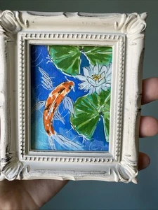 Pez Koi, estanque, lirio de agua pintura original sobre papel, enmarcado, miniatura, pequeño - Imagen 1 de 13
