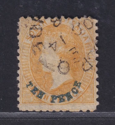 South Australia Scott 49 Usado 1868 10d em 9d Amarelo QV Azul Sobreimpressão SCV $50 - Imagem 1 de 2