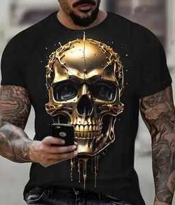 Herren-T-Shirt mit 3D-Grafik und goldenem Totenkopf kurzärmlig - Bild 1 von 2