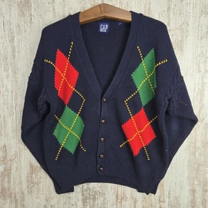 Maglione cardigan unisex vintage GAP taglia S blu diamante Argyle maglia grossa - Foto 1 di 16