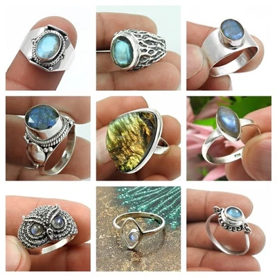 Argento Sterling Naturale Pietra Labradorite Elegante Anelli Misura 8 Halloween - Immagine 1 di 4