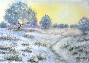 Original Watercolor Painting Landscape Sunny winter day Snow Field Trees A4 - Picture 1 of 5