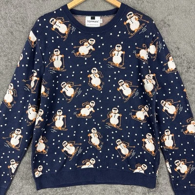 TOPMAN Men’s Christmas Sweater Size XL Ugly Sweater Holiday Snowman Skiing Navy - Image 1 of 4