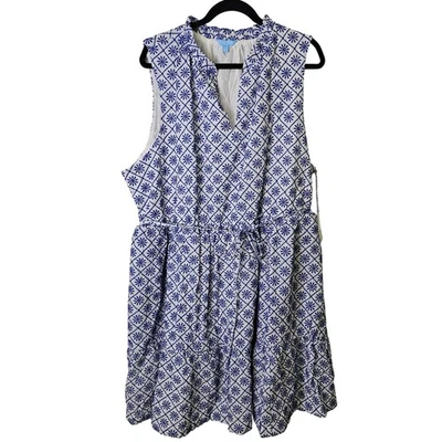 全新带标签 Draper James RSVP 蓝色白色刺绣无袖分层连衣裙,尺寸 3X — 第 1/4 张图片