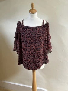 Mint Velvet chiffon off-the-shoulder blouse top, terracota red/brown & black, 14 - Picture 1 of 8
