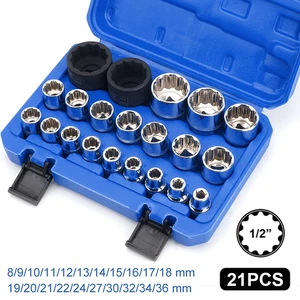 21tlg 1/2" Vielzahn Nuss Satz Steckschlüssel Set für 6 und 12 Kant 8-36mm Neu - Bild 1 von 12