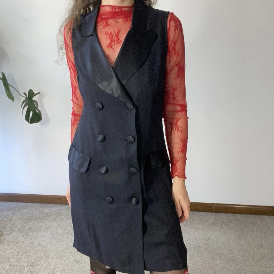 Vestido Traje VINTAGE RAMPAGE Crepé y Satén Sin Mangas Doble Pecho Negro Años 90 Foto 1 de 4