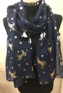 Navy Blue Silver Unicorn Ladies Scarf Unicorns  Shiny Metallic Foil NEW - Imagen 1 de 2