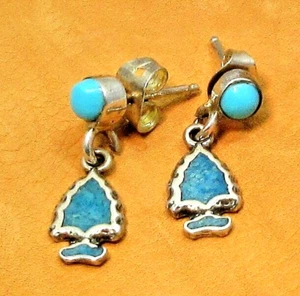 Arrowhead Earrings Turquoise Sterling Silver Studs Posts Dangle Southwest #470 - Picture 1 of 6