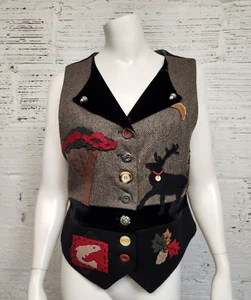 Vintage Lucia Lukken scopa donna M lana e velluto applique gilet patchwork - Foto 1 di 15