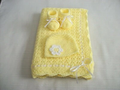 Crochet Baby Set- Blanket Hat Booties Infant 0-3m Handmade Shower Gift Baby Girl - Image 1 of 4