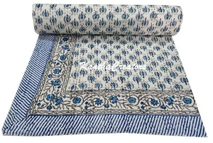 Indian Handmade Cotton Kantha Quilt Block Printed King Size Jaipuri Bedspreads - Picture 1 of 7