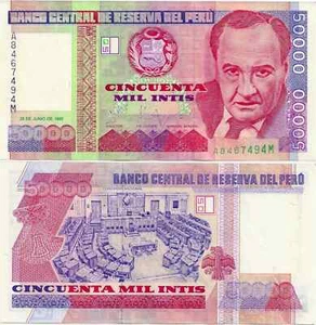 PERU 50,000 INTIS 1988 UNC A-M,VICTOR RAUL HAYA DE LA TORRE AT RIGHT,ARMS AT CEN - Picture 1 of 1