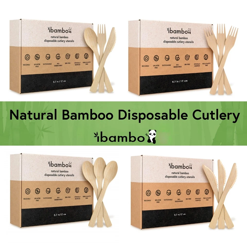 Ibambo 100% Bamboo Utensils - Assorted Bamboo Cutlery - Disposable or Reusable - Image 1 of 1