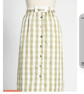 NWT ModCloth Women Green Gingham Belted Button Down Preppy Skirt Size 2 - Picture 1 of 5