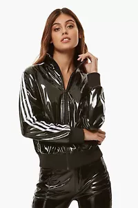 Women PVC Jacket Tracksuit Glossy Black & White Stripes - Picture 1 of 3