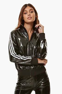 Women PVC Jacket Tracksuit Glossy Black & White Stripes - Image 1 of 3