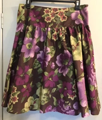 Falda APT 9 Talla 8 Estampado Floral Cintura Caída Acampanada Marrón Púrpura Verde Forrada con Cremallera Foto 1 de 4