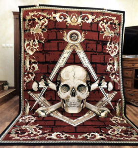 Masonic Skull and Bones Woven Area Rug Freemason Ring All Seeing Eye Illuminati