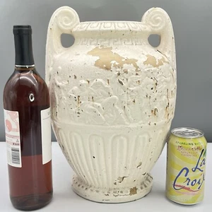 XL NEOCLASSICAL GREEK URN JAR Vase WHITE WASHED BAS RELIEF Handled CHIPPY PAINT - Picture 1 of 24