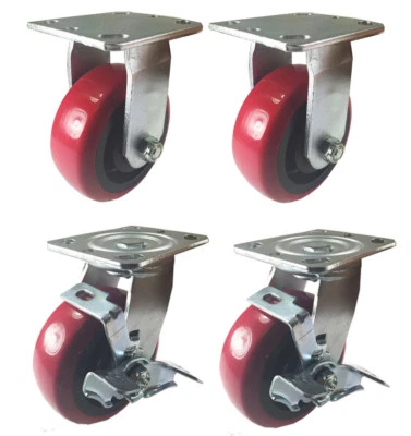 HY-WELD 4 Heavy Duty Caster Set 4" 5" 6" Polyurethane Wheels No Mark Non Skid Brake