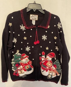 Vintage Heirloom Collectibles Christmas Sweater Size M Snowmen Black Cardigan - Picture 1 of 7