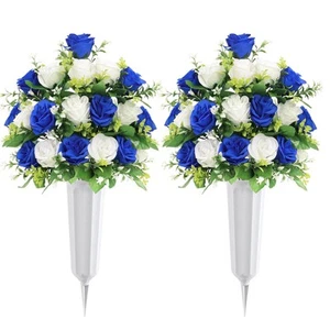 2Pcs Artificial Cemetery Flowers with Vase for Grave, Silk Memorial Day Rose ... - Picture 1 of 9
