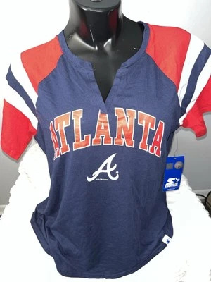 ATLANTA BRAVES STARTER MLB WOMENS SPLIT V NECK SHORT SLEEVE SHIRT LARGE NWT - Image 1 of 3