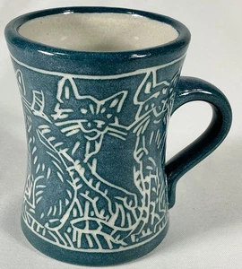 CFYB Pottery Cat Mug Sgraffito Etched Teal & Gray Handmade Curved 8 oz EUC - Picture 1 of 4