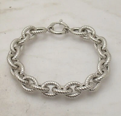 Diamond Cut Oval Link Bracelet Spring Ring Clasp Anti-Tarnish Real 925 Silver Foto 1 de 4