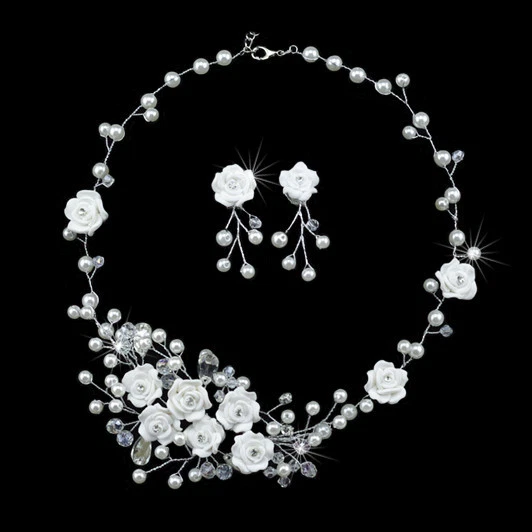 Juego de collar hecho a mano de plata nupcial Plt rosa vid marfil blanco perlas y cristal  Foto 1 de 1