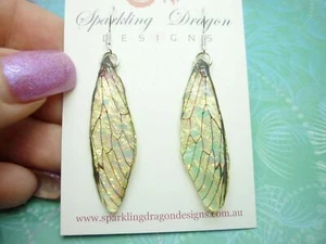 Dragonfly Cicada Butterfly Yellow Gold & Green Shimmer Earrings - Picture 1 of 8