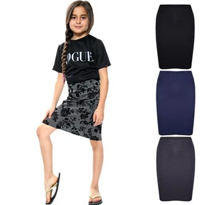 Girls Plain Pencil Skirt School Fashion Dance Skirts Uniform Kids Age 5-13 Years - Picture 1 of 28
