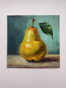 Pintura al óleo original "Naturaleza muerta con pera" 6" x 6" arte de cocina - Imagen 1 de 6