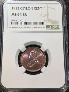 1923 MS64 BN Ceylon Cent NGC UN KM 107 Sri Lanka King George V TONED - Picture 1 of 6